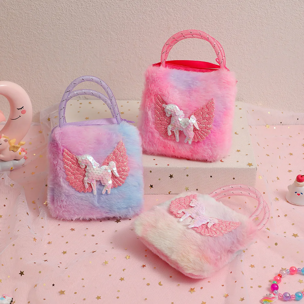 Unicorn Plush Purse for Girl Fluffy Rainbow Crossbody Bag with Sequin Pegasus Kids Toddler Handbag Wallet Birthday Party Gift