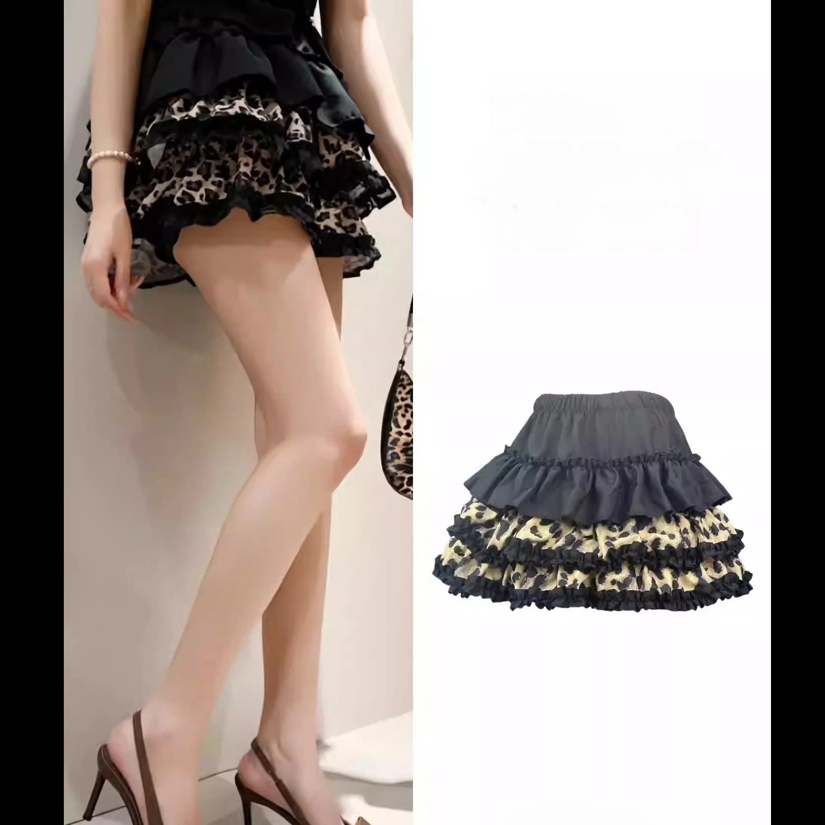 

High Waist A-Line Skirt Women's Spring Autumn Korean Style Retro Design Slimming Versatile Leopard Print Cake Skirt