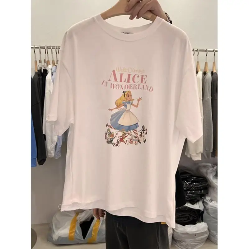 

Dongdaemun, Южная Корея, весна-лето 2023, новая молодежная свободная женская футболка с круглым вырезом и короткими рукавами с рисунком Алисы