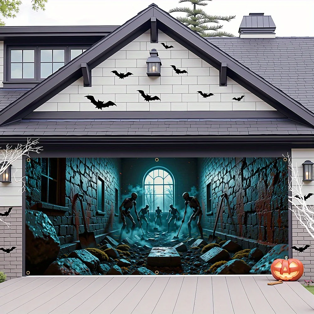 1 Stück 2D flaches Halloween-Banner-Hintergrundtuch, gruselige Totenkopf-Ausgrabungszene, festliche Wanddekoration, keine Strom erforderlich – Symbol