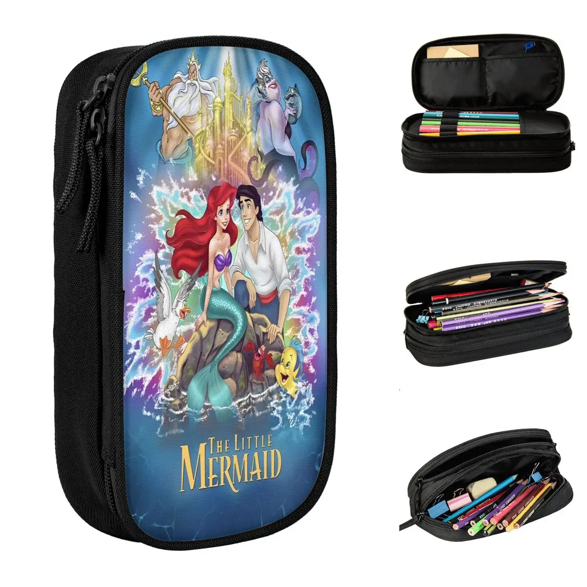 Large-capacity Pencil Pouch The Little Mermaid Office Accessories Double Layer Pencil Case Stationery Girl Makeup Bags