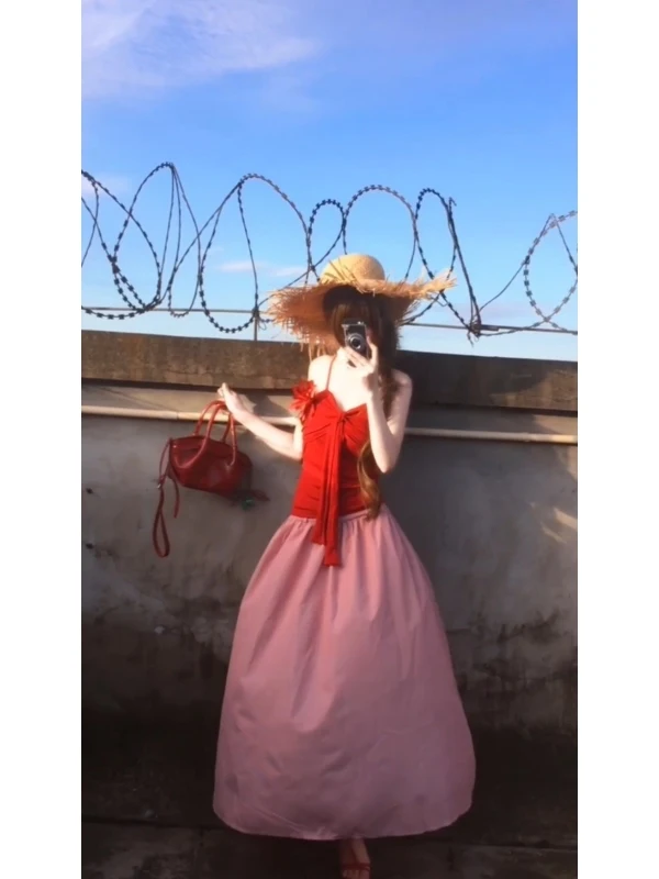 

Summer Red Slim Fit Bridesmaid Outfit Two Piece Set Women's Long Skirt Strapl Top High Waist Gown Vaion Vibes