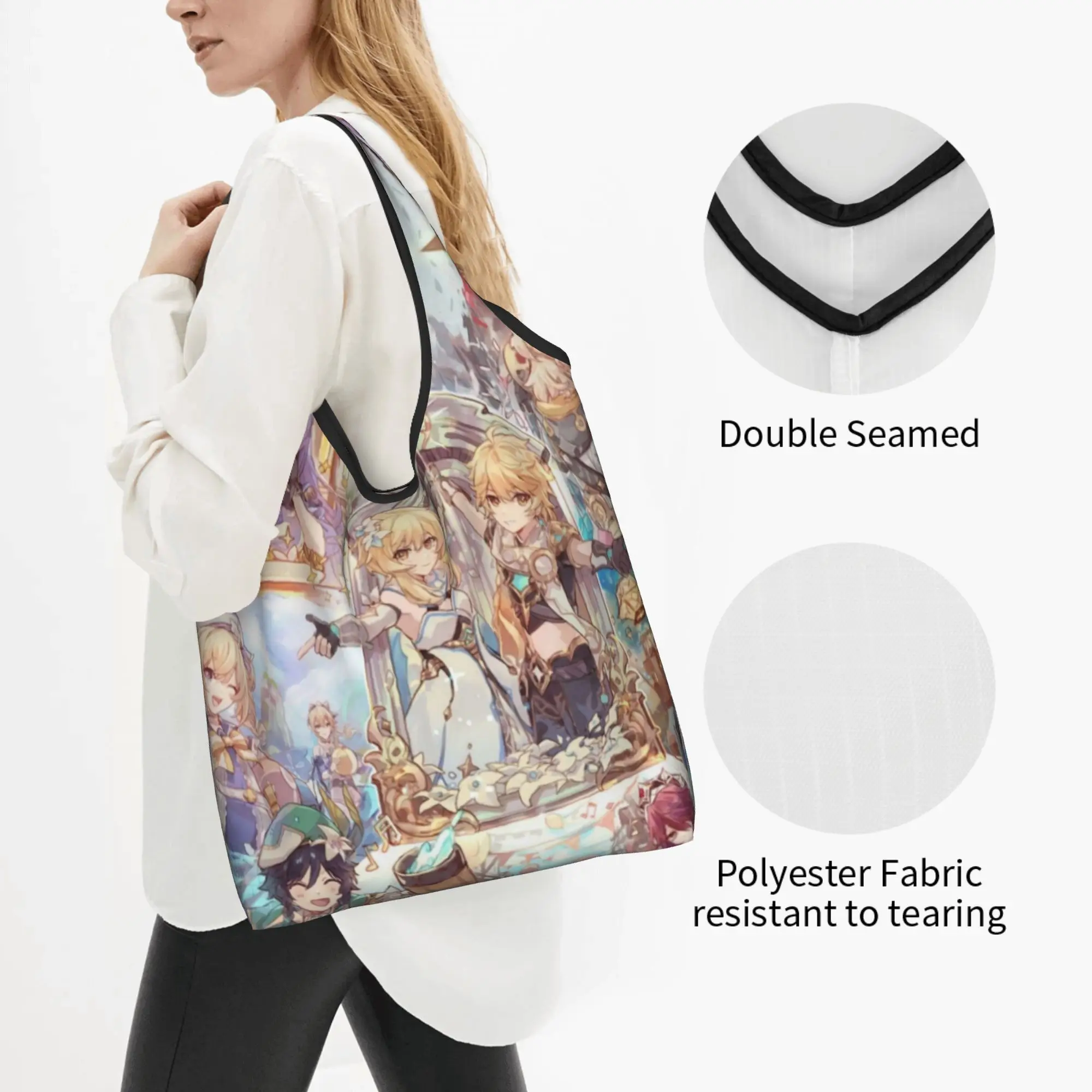Anime Genshin Impact Grocery Shopping Tote Bag Women Custom Manga Kawaii  Shoulder Shopper Bag Big Capacity Handbags