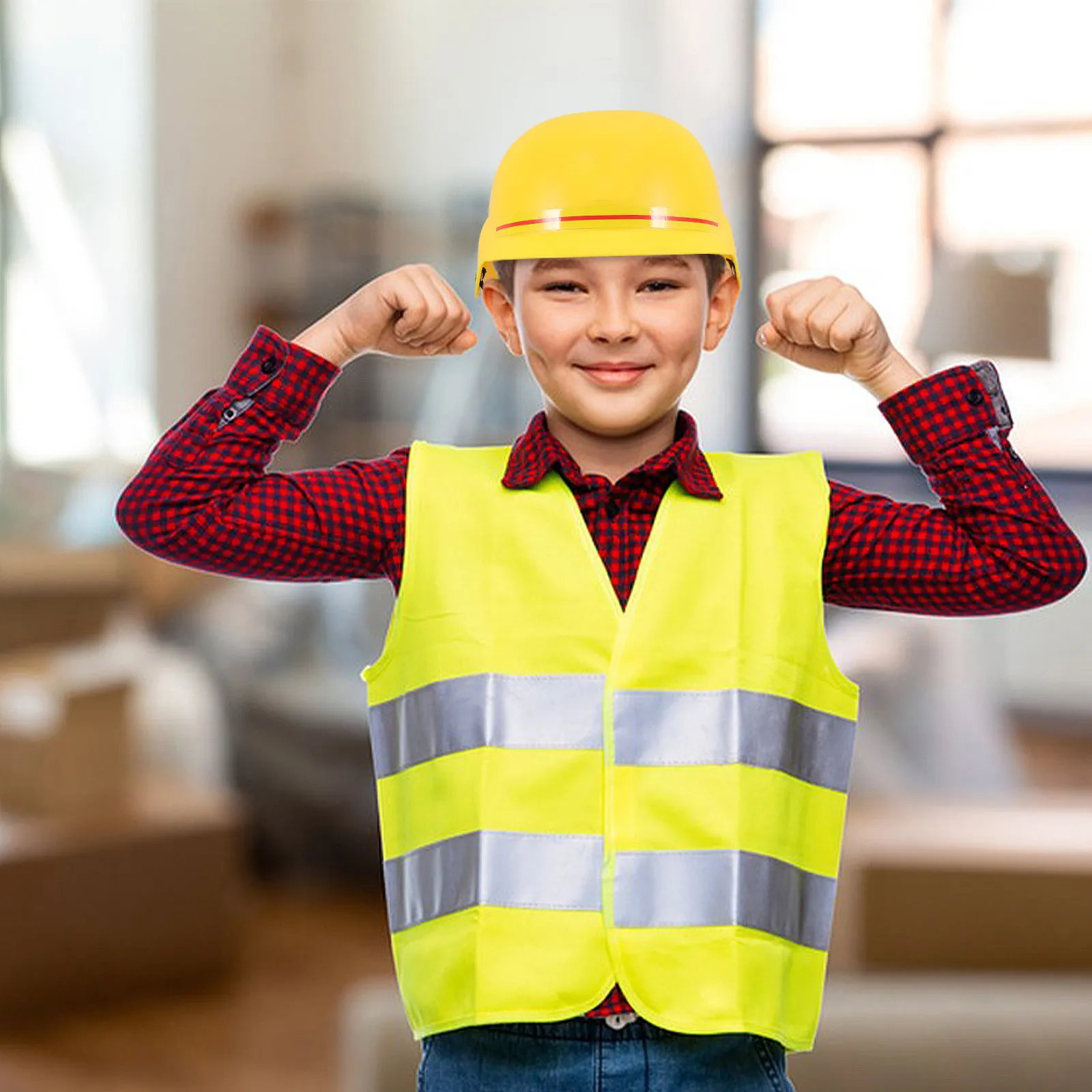 Capacete de Construção Infantil Amarelo de Plástico para Brincadeiras de Faz de Conta, Capacete de Segurança para Engenharia para Uso Interno e Externo