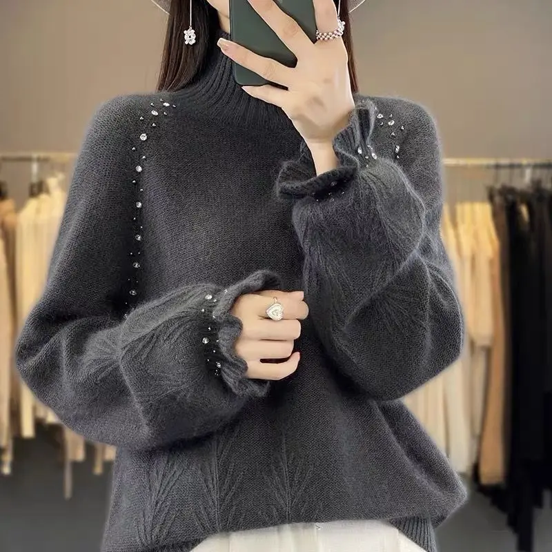 

High Quality Sweater Women Autumn Winter 2025 New Turtleneck Pullover Beading Heavy Industry Coat Knitwear Bottoming Top Ladies