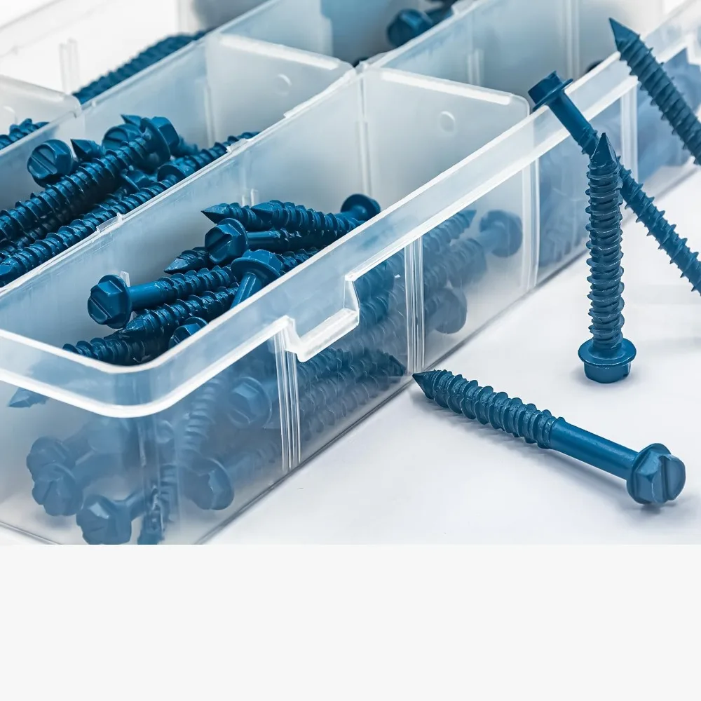 200pcs Hexagonal Washer Slotted Blue Cement Diamond Tail Screws +Sockets +Drill Bits 3/16'' 1/4'' Concrete Screws with Drill Bit