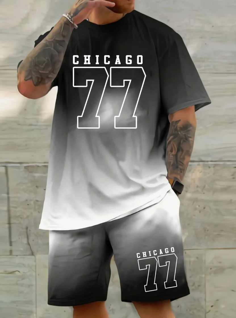 

Men's Summer Gradient Color Fashionable and Relaxing Short-sleeved and Shorts Sets with Exquisitely Styled Number 77 Print