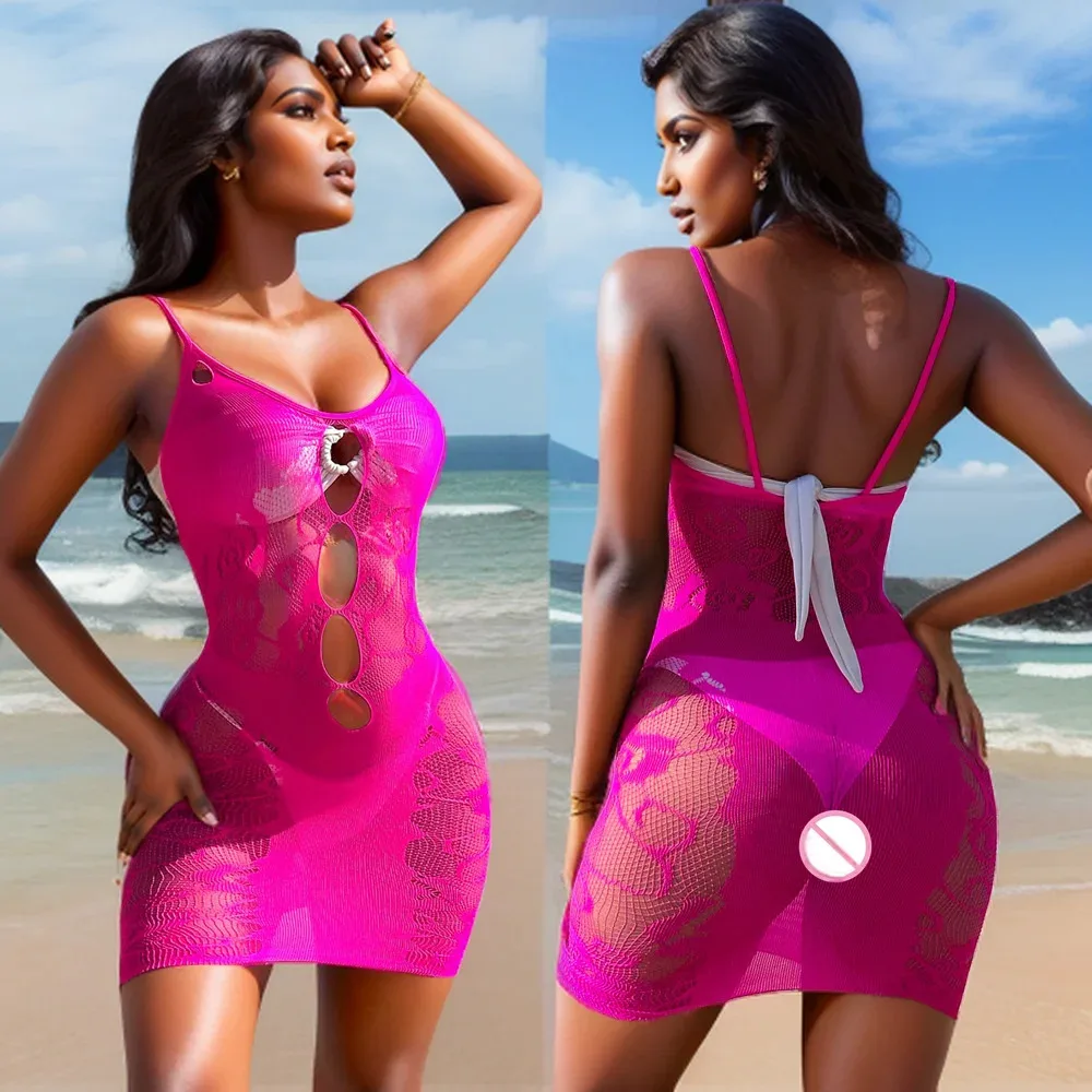 Hot Rose Farbe Unterwäsche hochwertige Wickel Hüftrock Fischernetz hohl durchsichtig enge Dessous sexiest Mini kleid Nachtwäsche