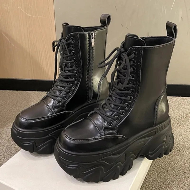 Chunky Heels Motorcycle Boots 2023Women Autumn Winter White Black Thick Platform Ankle Boots Woman Lace-Up Non-Slip Combat Botas