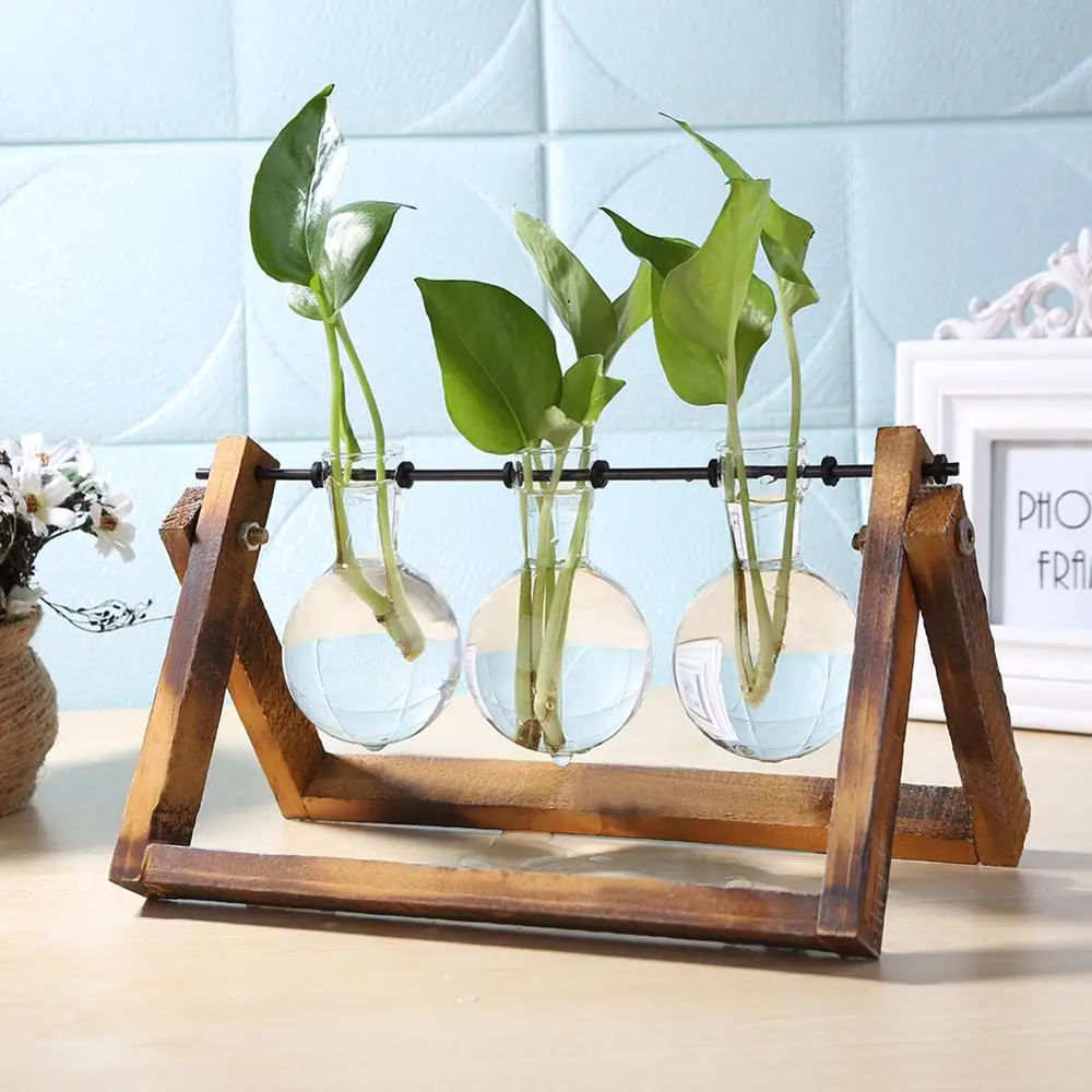 Glass and Wood Vase Planter Terrarium Table Desktop Hydroponics Tray Home Decor Plant Bonsai Flower Pot Hanging Pots with Wooden