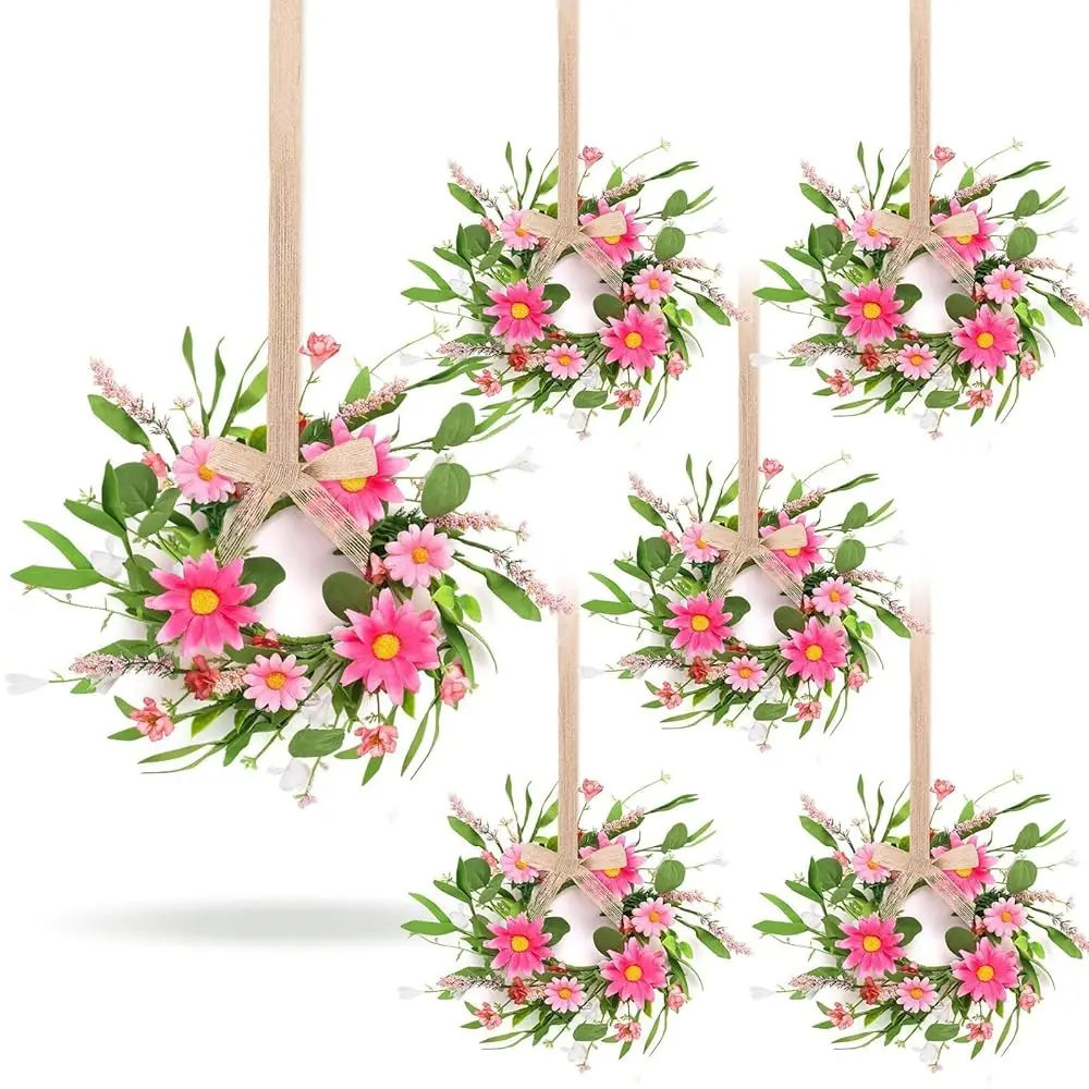

6 Pcs Artificial Spring Summer Swag Wreaths Mini Pink Daisy Floral Wreath Farmhouse Kitchen Cabinet Wreath Hanging Flowers