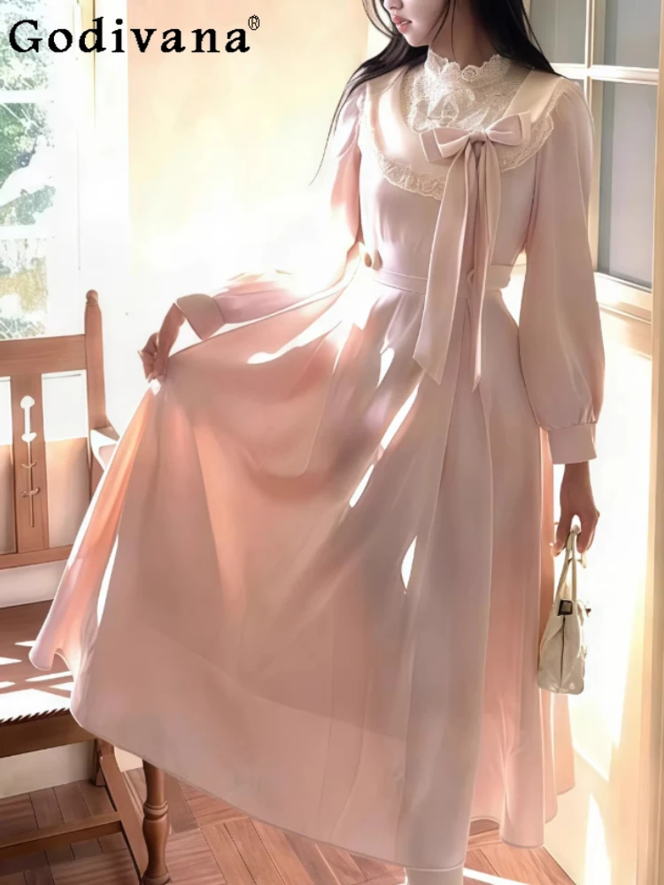 

New French Gentle Girl Sweet Bow High Waist A-line Pink Dresses Fashion Age Reduction Cute Japanese Long Sleeve Princess Dress