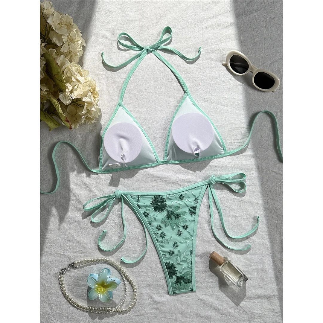 Bedruckter Bikini mit Pailletten, Neckholder-Design, Damen-Badebekleidung, zweiteiliger Bikini, hoher Beinausschnitt, Badeanzug, Badebekleidung, Modell V8237. – Detail 15