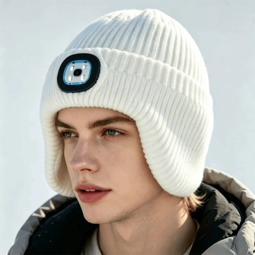 Rechargeable LED Light Beanie White LED Light Warm and Elastic Illuminated Knitted Hat Knitted Three Brightness Levels