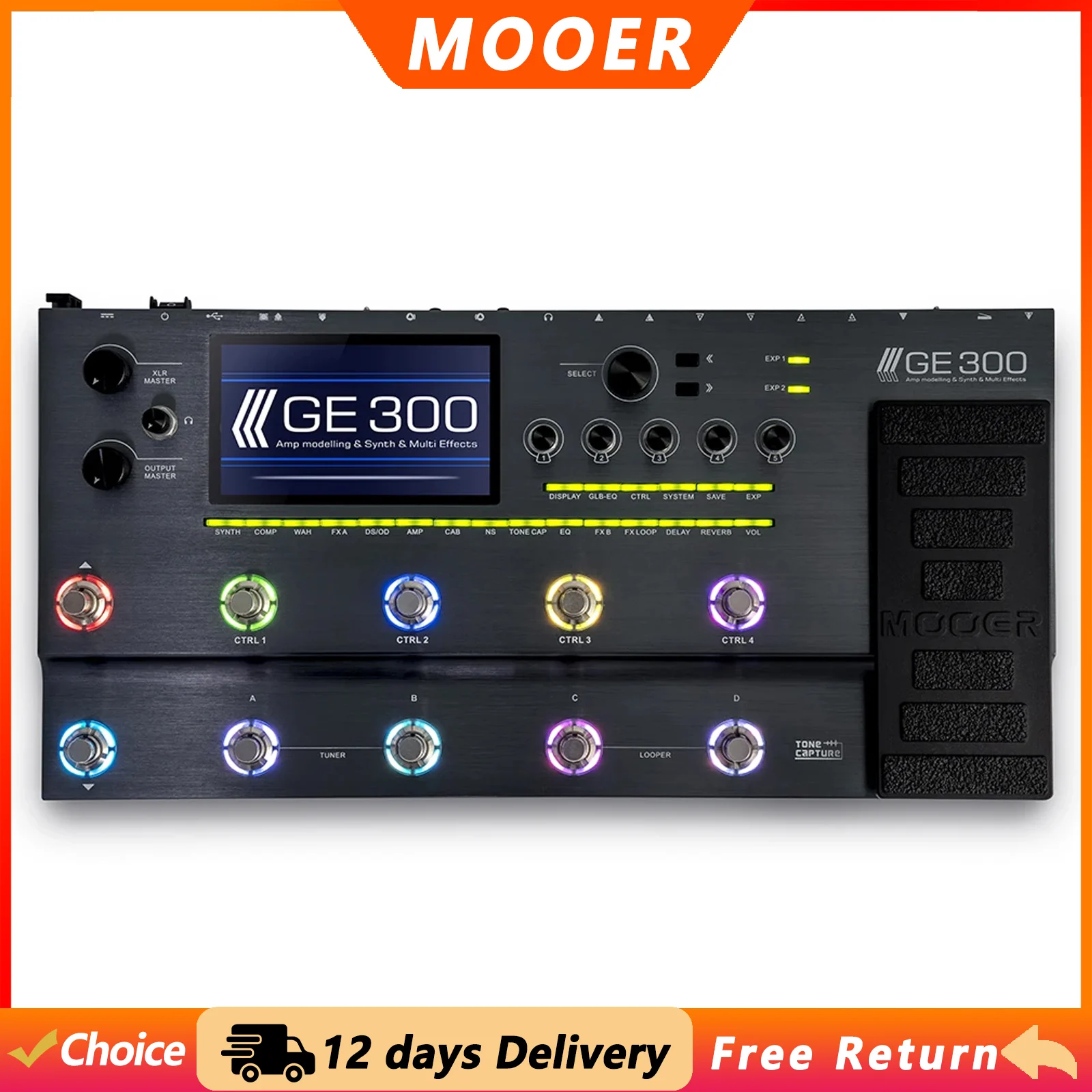 MOOER GE300 Guitar Amp Modelling Multi-Effects Processor Pedal 108 Preamp Models 164 Effects Loop Recording (30 Minutes) Pedal