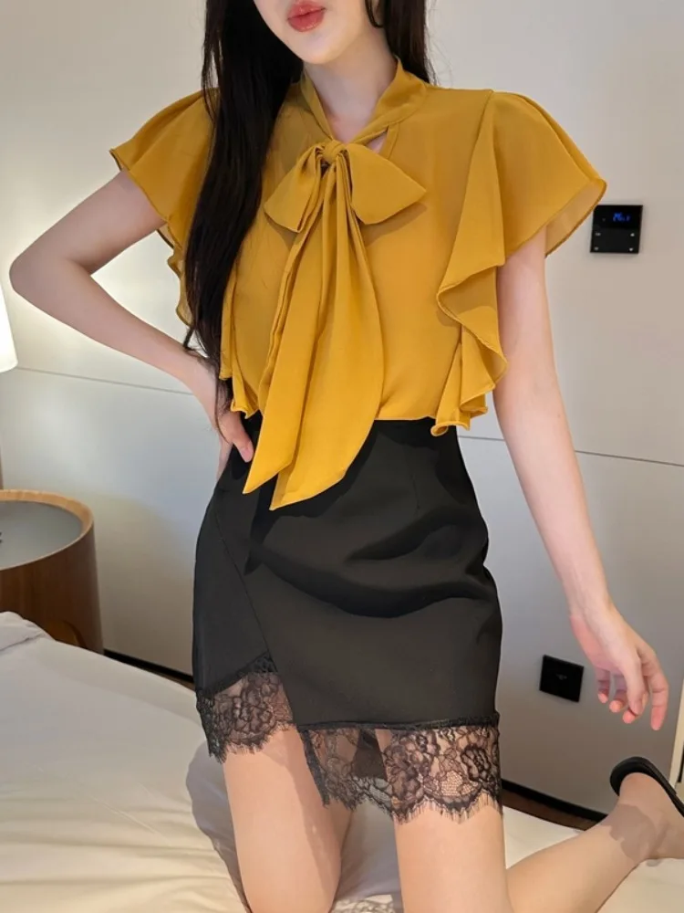 

Summer temperament ruffled lace up ribbon V-neck chiffon shirt irregular hip hugging short skirt women fashion commute set