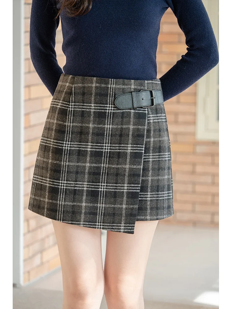 

Ретро-юбка А-силуэта с высокой талией, женская шерстяная юбка-карандаш с запахом для осени и зимы, модная, для повседневной носки, из полиэстера.