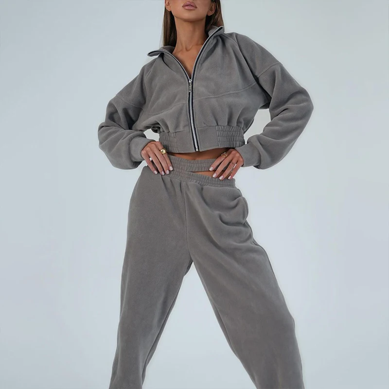 OMSJ Sporty Two Piece Fleece Tracksuit Women Zipper Stand Collar Long-sleeved Cropped Jacket+High Waist Hollow Sweatpants Street