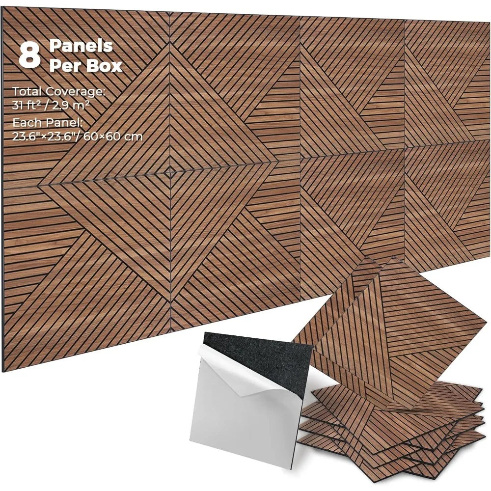 剥がして貼るだけの吸音壁パネル – 8枚入り 自己粘着式 木目調 防音パネル 23.6インチ x 23.6インチ 室内壁装飾用