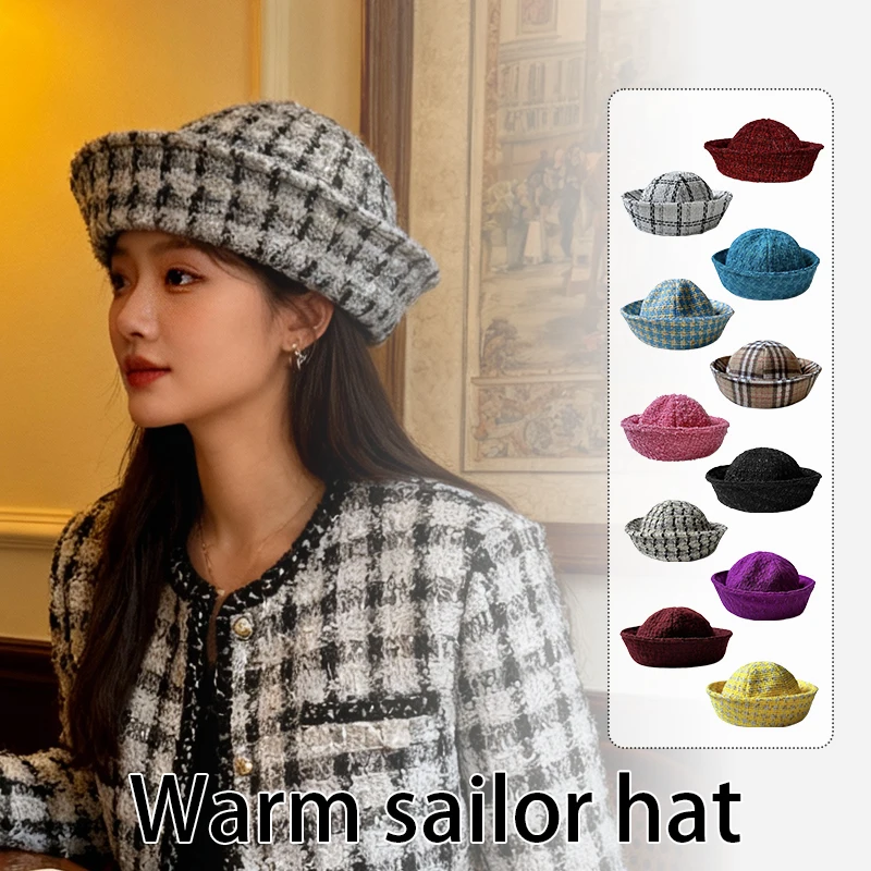 Topi Baret Tweed Vintage Baru Gaya Pelaut Jepang Serbaguna Topi Gaya Angkatan Laut Wanita Musim Dingin Fashion Pesta Topi Bucket Hangat Topi Perawat