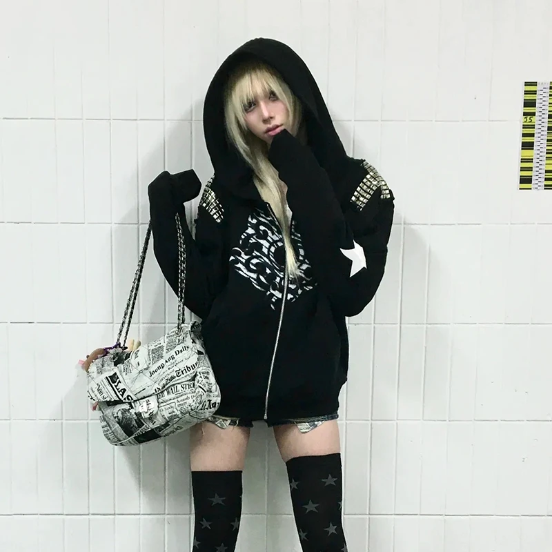 Karrcat الجرونج جماليات الوشم طباعة سترة Trashy 2000s نمط مقنعين ملابس خارجية اليابانية Y2k برشام معطف القوطية الأمريكية الرجعية