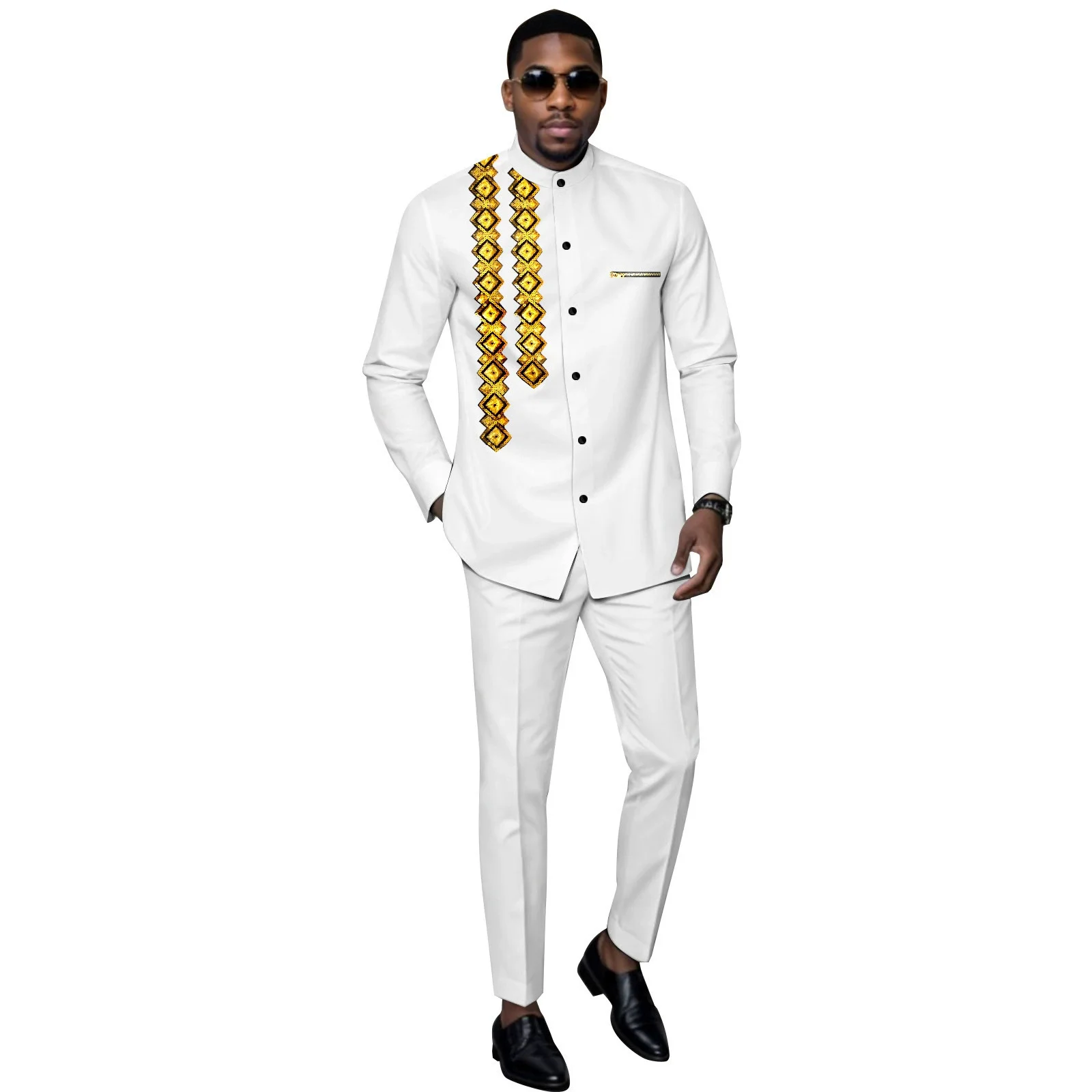 Sale Fashion New Men's Traditional African Clothing with Gold Embroidery and Printed Design - Shirt and Pants Set