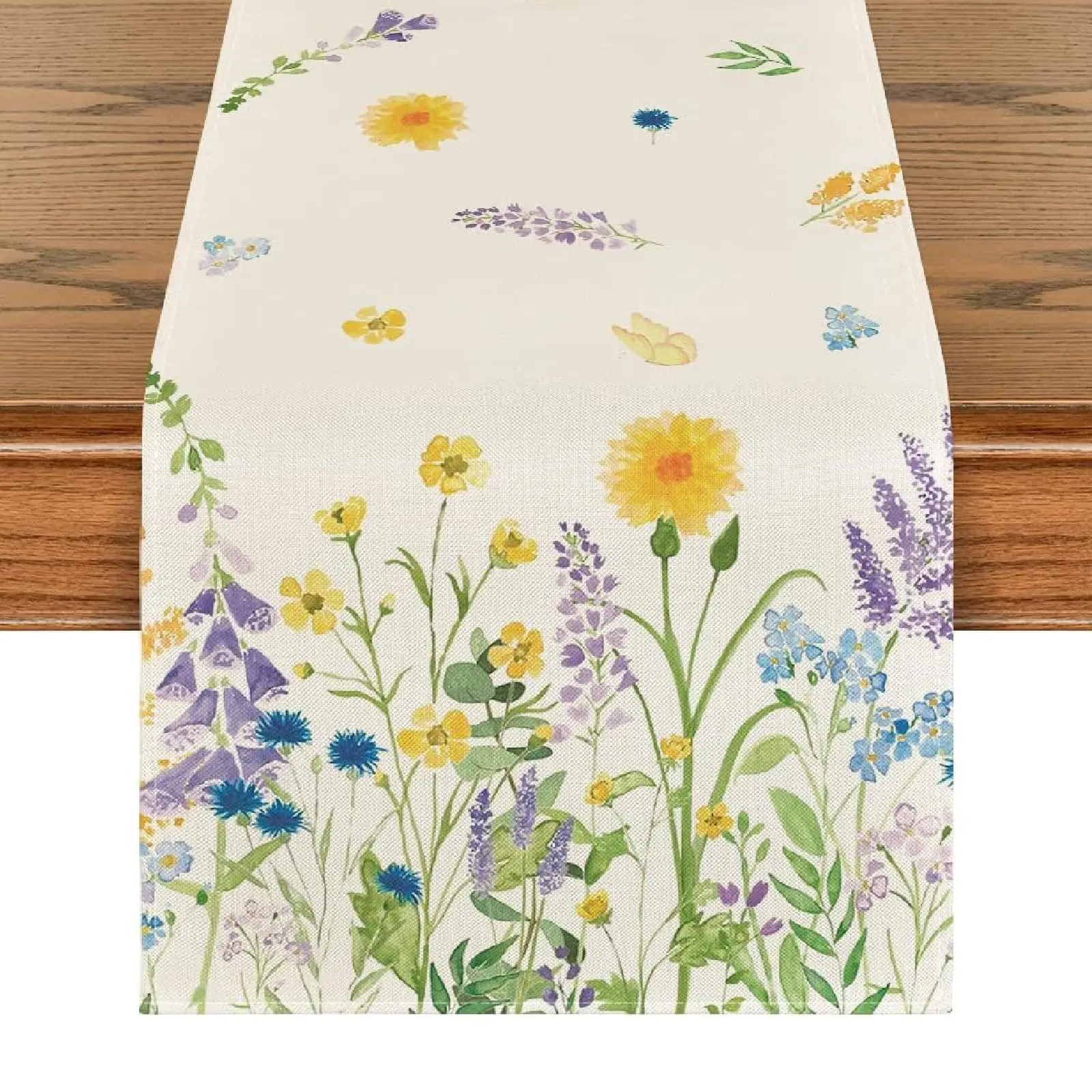 Frühlings-Tischläufer mit gelben Blumen und Lavendel, farbenfroher Blumendruck, saisonale Küchen- und Esszimmerdekoration, ideal für den Innenbereich