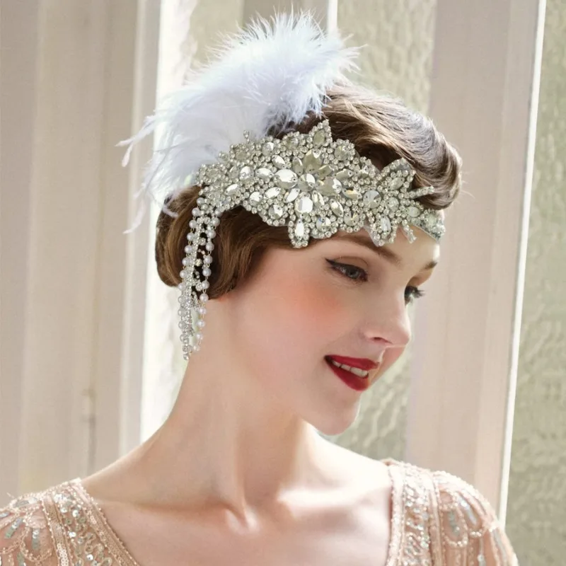 Vintage 1920s Flapper Headband Roaring 20s Great Gatsby Headpiece with Feather Hair Accessories 머리띠 резинки для волос 헤어밴드