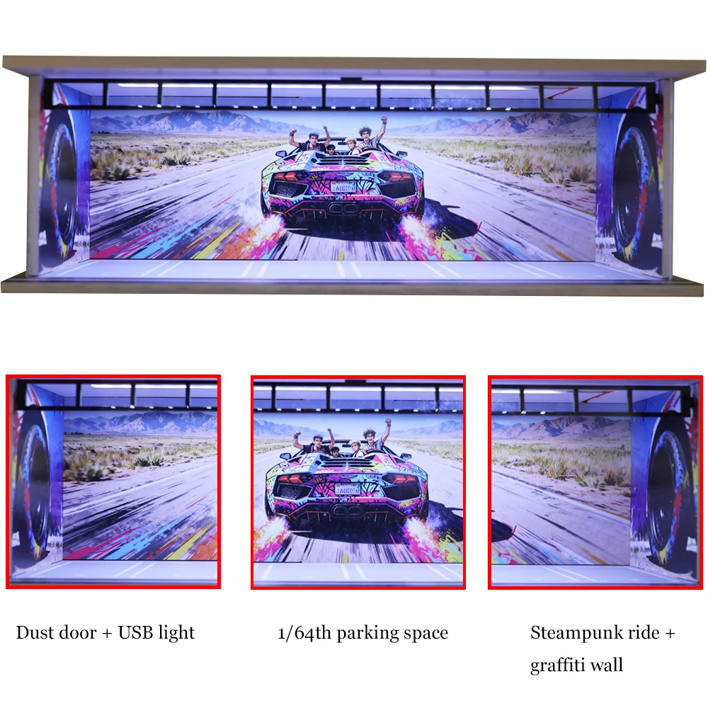 1/64 Scale LED Light Car Garage Diorama Display Model Set Miniature Parking Lot Collectible Gift for Model Enthusiasts