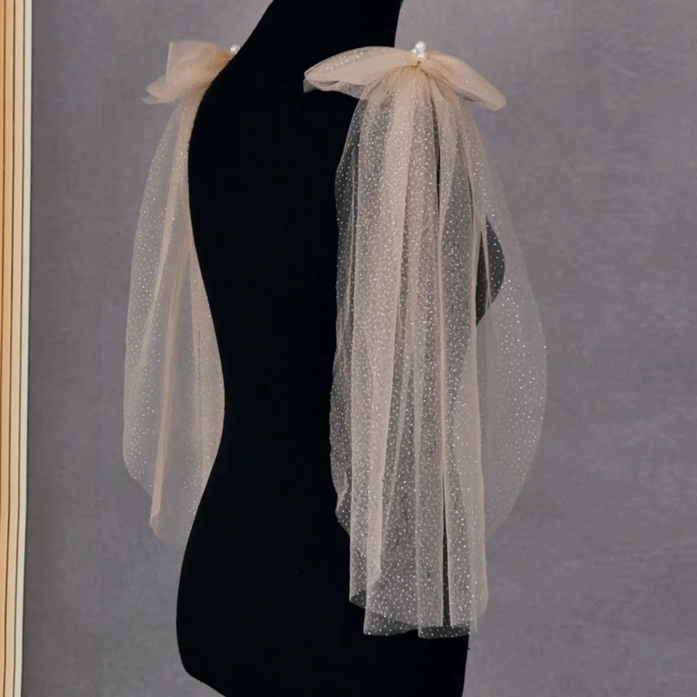 1 زوج مطوي تول العروس فستان الزفاف شال اللؤلؤ لامعة القوس شفافة شال الذهب الشاش اكسسوارات الزفاف