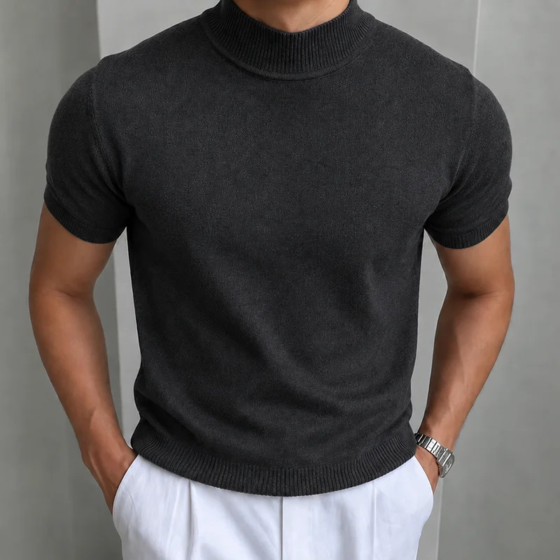 Herren Casual Einfaches Strick-T-Shirt Halbhoher Kragen Weicher Komfort Modisch Einfarbiges Strick-Kurzarm-T-Shirt Mock Neck Pullover – Detail 12