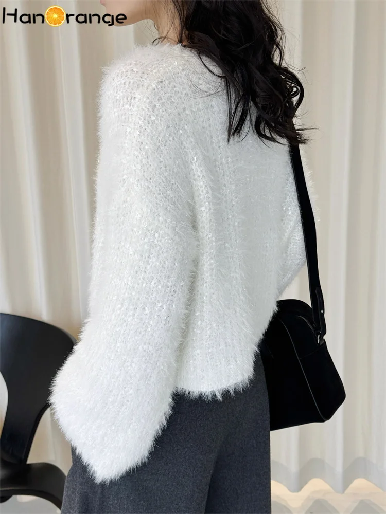 HanOrange 2026 Winter Gentle Small V-neck Flash Diamond Short Sweater Women Soft Comfortable Top Apricot/Light Khaki