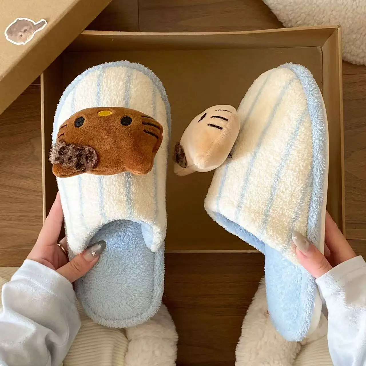 

real photos 2025 autumn winter new Cute hello kitty zapatillas de mujer brown pink blue fashion women soft warm cotton Slippers