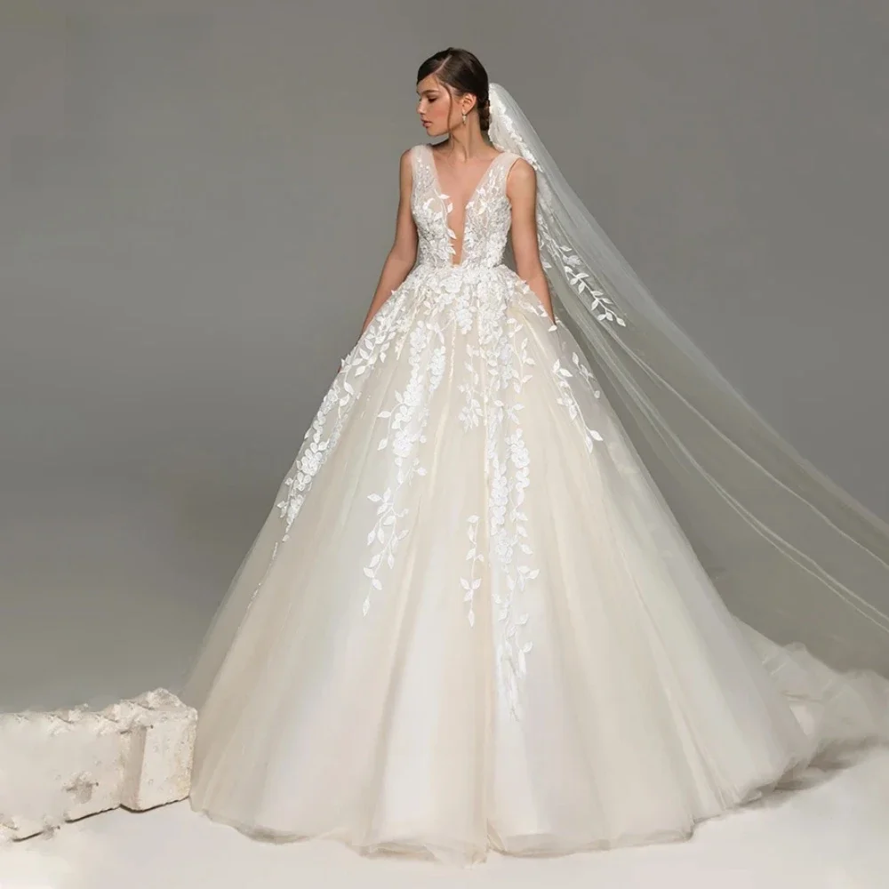 Personalizado 2025 sexy profundo decote em v vestido de casamento clássico renda applique sem costas vestido de noiva princesa noiva casamento roupas femininas