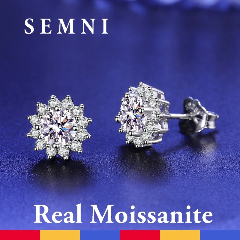 

SEMNI Wholesale 0.5ct D Color Certified Moissanite Stud Earrings for Women Sun Flower Halo Brilliant Wedding Jewelry Promises