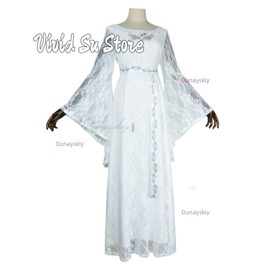 

Королева эльфа, косплей, белое кружевное длинное платье, элегантная одежда для женщин и девочек, полный комплект, карнавальный костюм на Хэллоуин