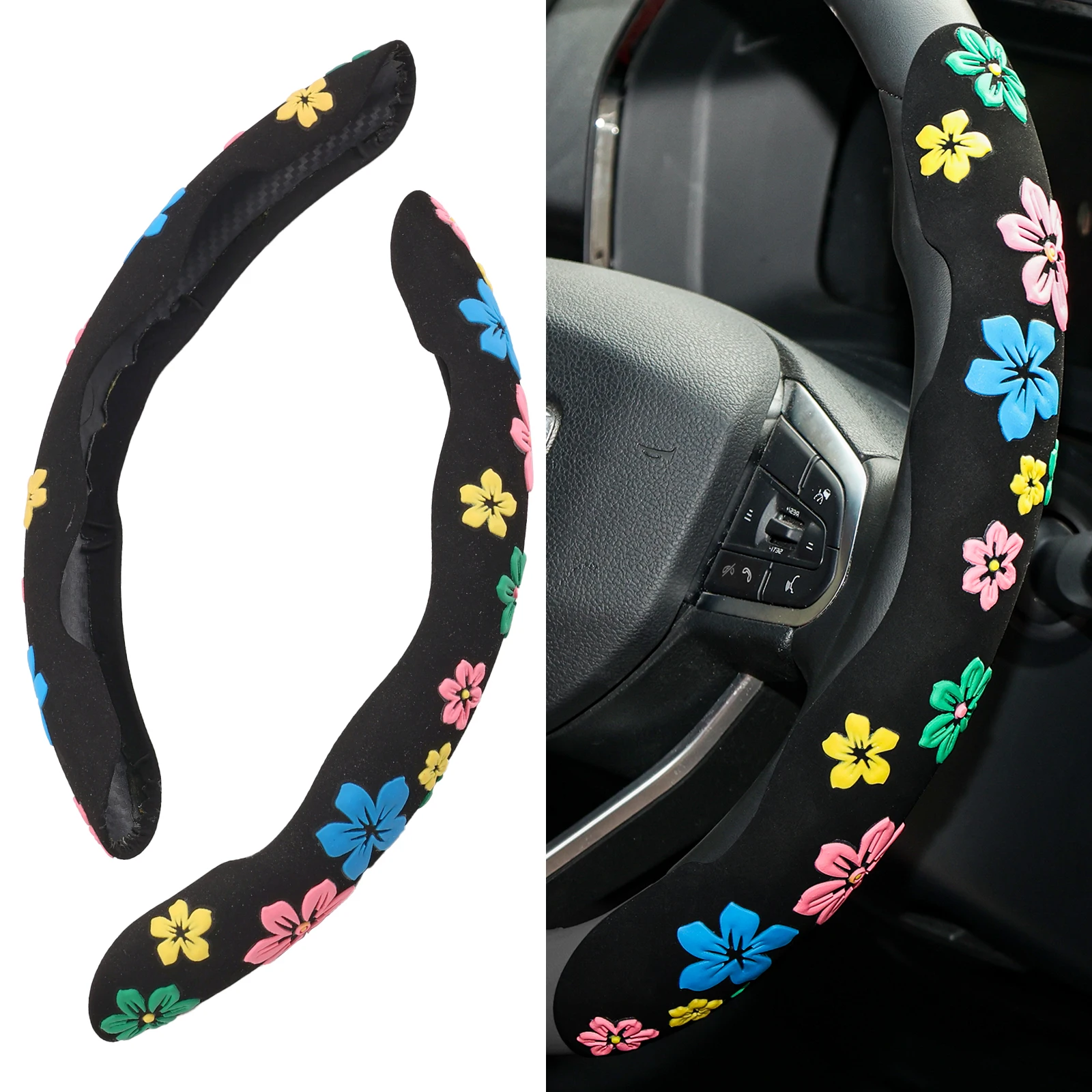 2PCS Universal Suede Car Steering Wheel Cover Booster Floral Print Anti-slip For Women Lady Car Interior Accessories