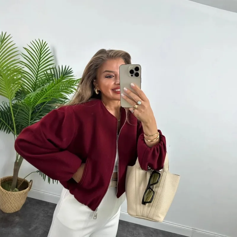 Women 2026 Autumn Winter New Hot Selling Round Neck Soft Cropped Bomber Jacket Outerwear Fashion Trendy Chic Casual Daily Street