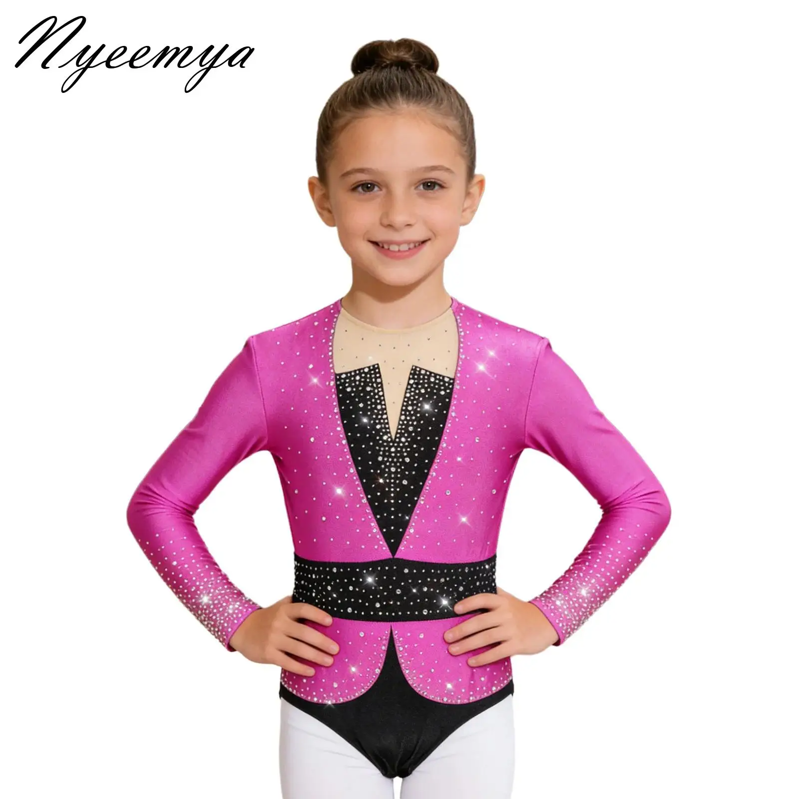 

Kids Girls Shiny Rhinestones Ballet Dance Performance Leotard Figure Skating Gymnastics Acrobatics Bodysuit Training Dancewear