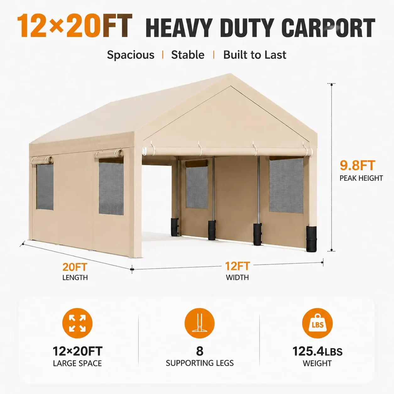 12x20 Heavy Duty Carport, Portable Garage for Truck SUV, Khaki