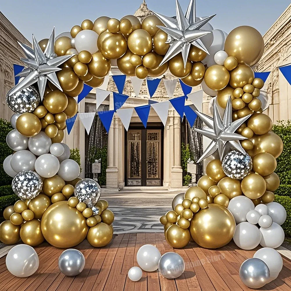151pcs Gold Silver White Balloon Garland Arch Kit for Birthday  Anniversary Graduation Ceremony Adult Cocktail Party Decoration