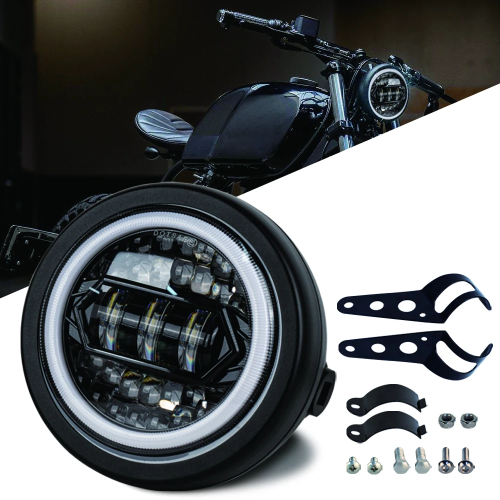 Motorcycle Headlight LED Round Head Lamp Spiral Side Mount Bracket for Choppers Cafe Racer Bobber 6.5