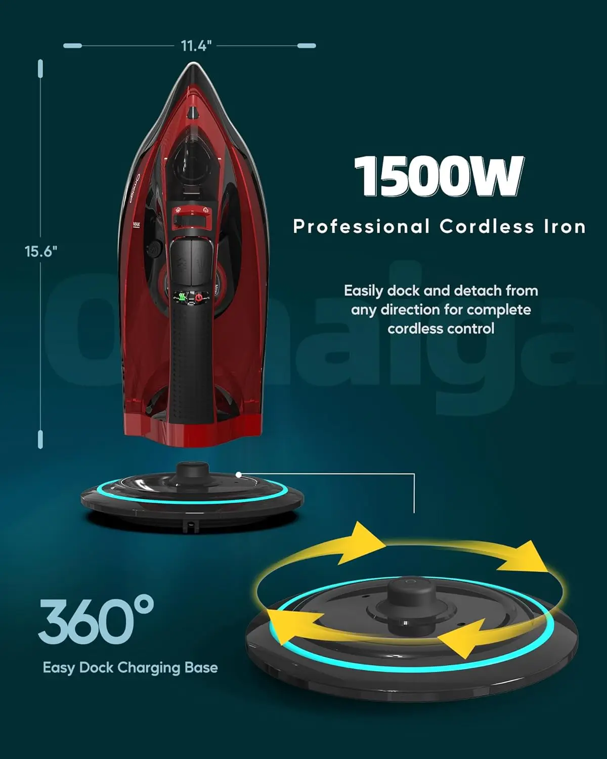 Iron, 1500W Cordless Iron with Steam with 11.84ozs Water Tank, Anti Drip Iron Cordless with Ceramic Soleplate, Cordless