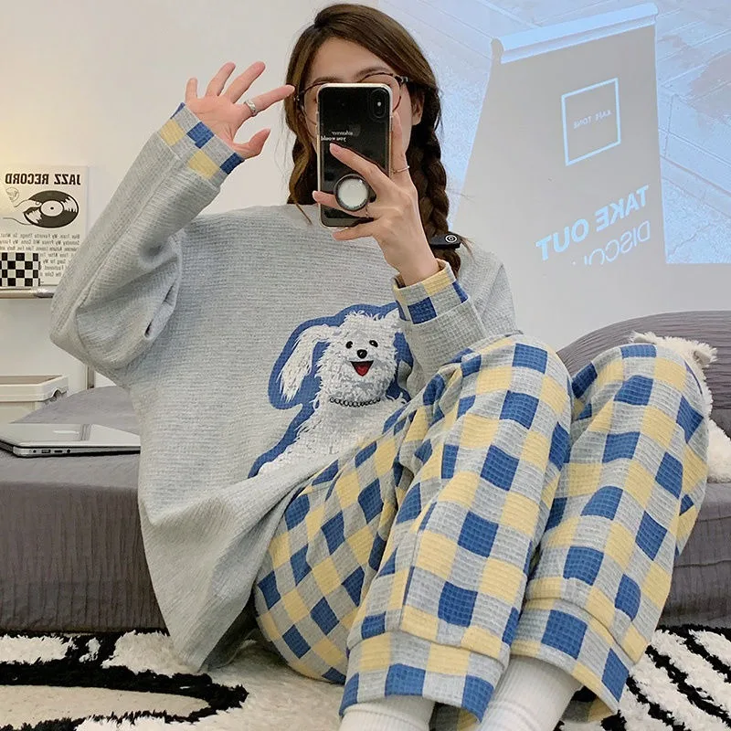 

Women Pajamas Spring Female Long Sleeve Korean Style Cartoon Bear Waffle Cotton Homewear Suit Loose Casual Sleepwear Set 2024