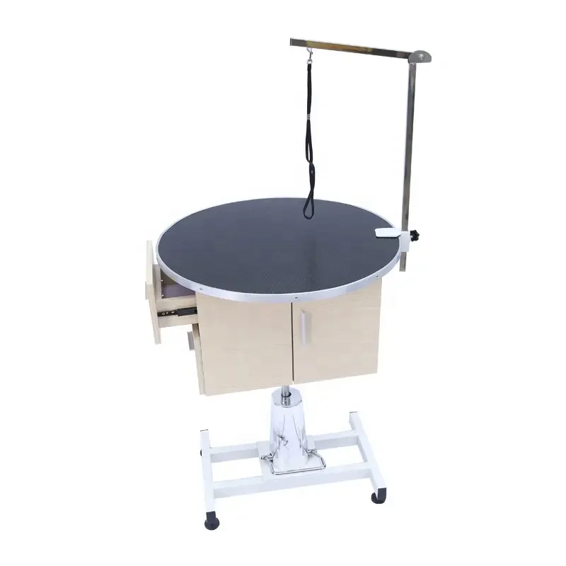 Newest Design Multifunctional Hydraulic Lift 36 Inch Round Pet Grooming Table With Storage Cabinet