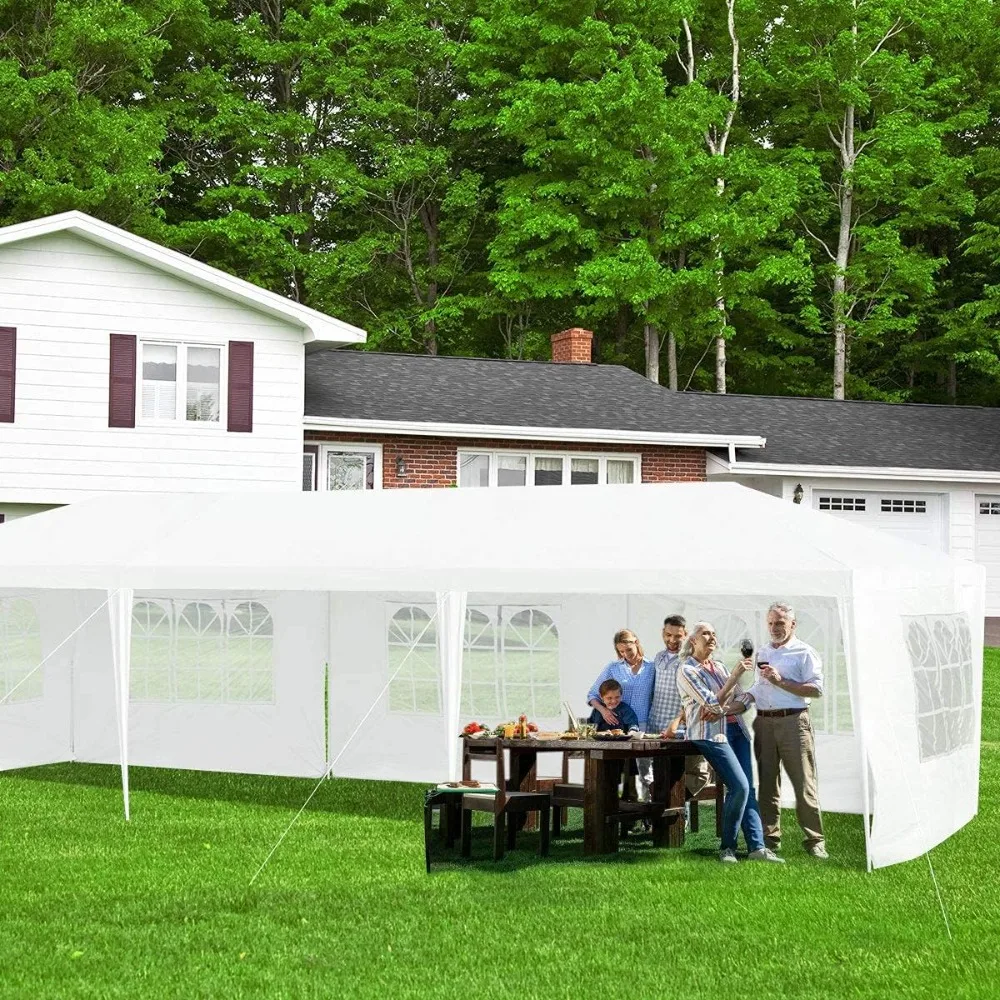 

10' x 30' Party Tent, Portable Outdoor Tent with 5 Removable Sidewalls, and Connection Stakes, Ropes, Suitable for BBQ,