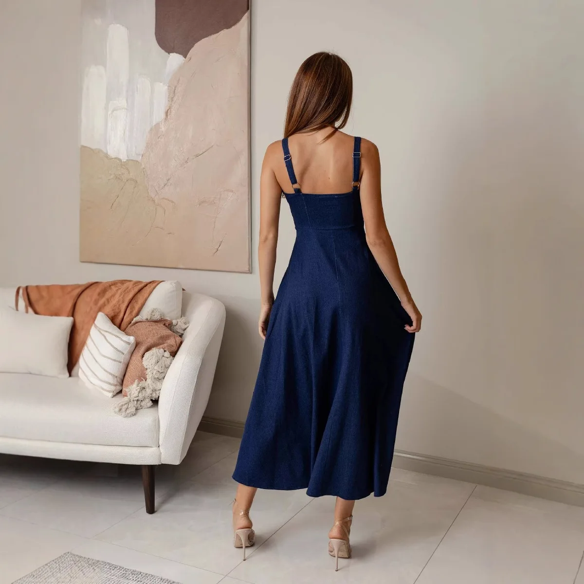 Denim Dress Women Sleeveless Sling Long Dresses A Line Solid Drawstring Elegant Vestidos Spliced Backless Summer Beach