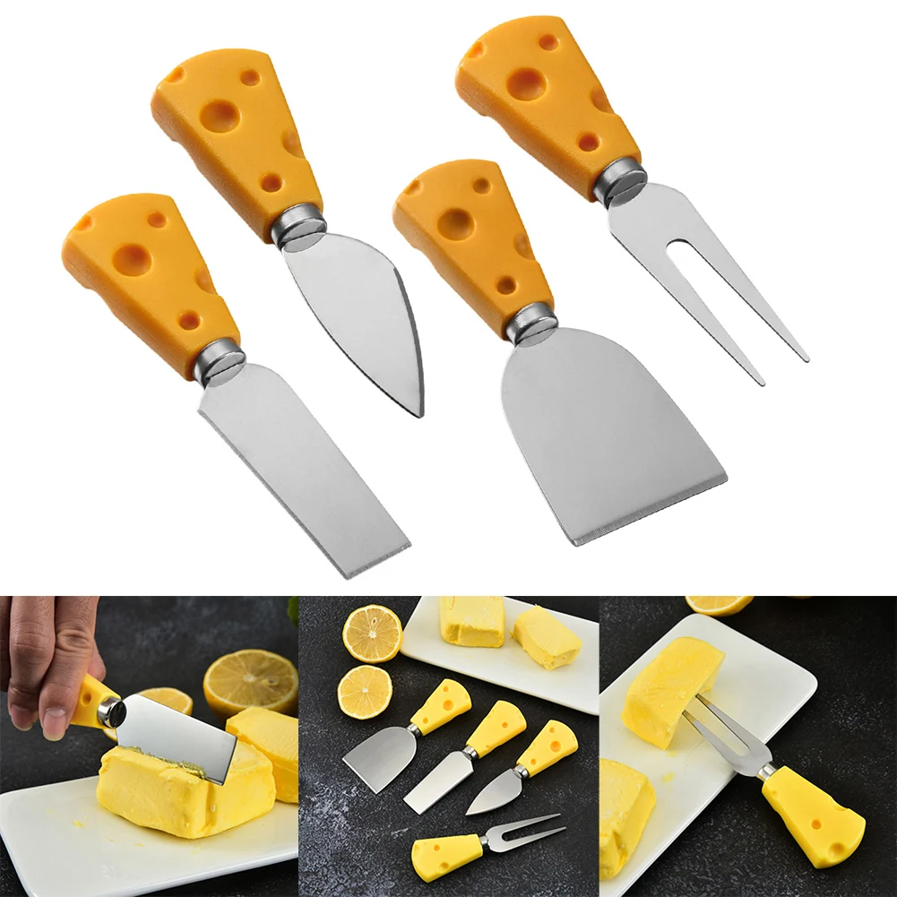 4-Piece Stainless Steel Cheese Tool Set Includes Wide Spatula Cheese Fork Long Spatula and Cutter for Baking and Cooking