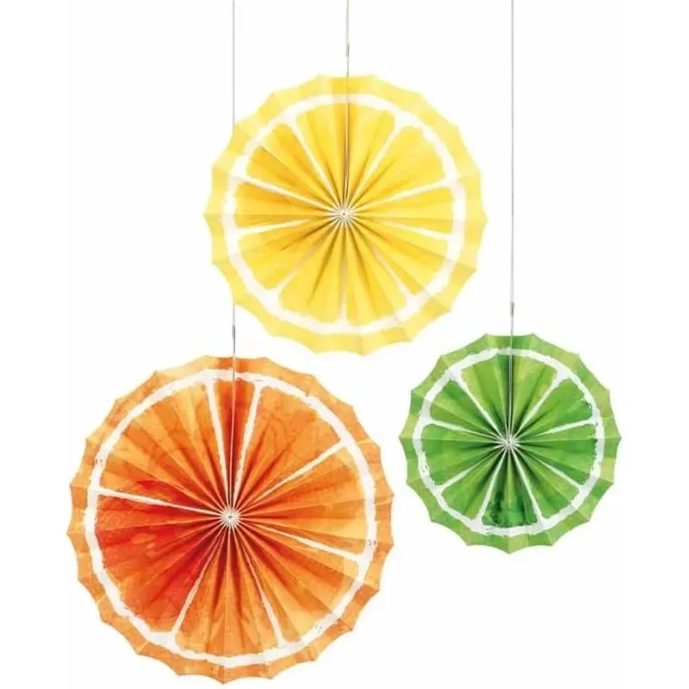 Multicolor Citrus Fruit Tissue Paper Fans Pack of 3 Vibrant Party Decorations Easy Assemble Tropical Summer Event Decor