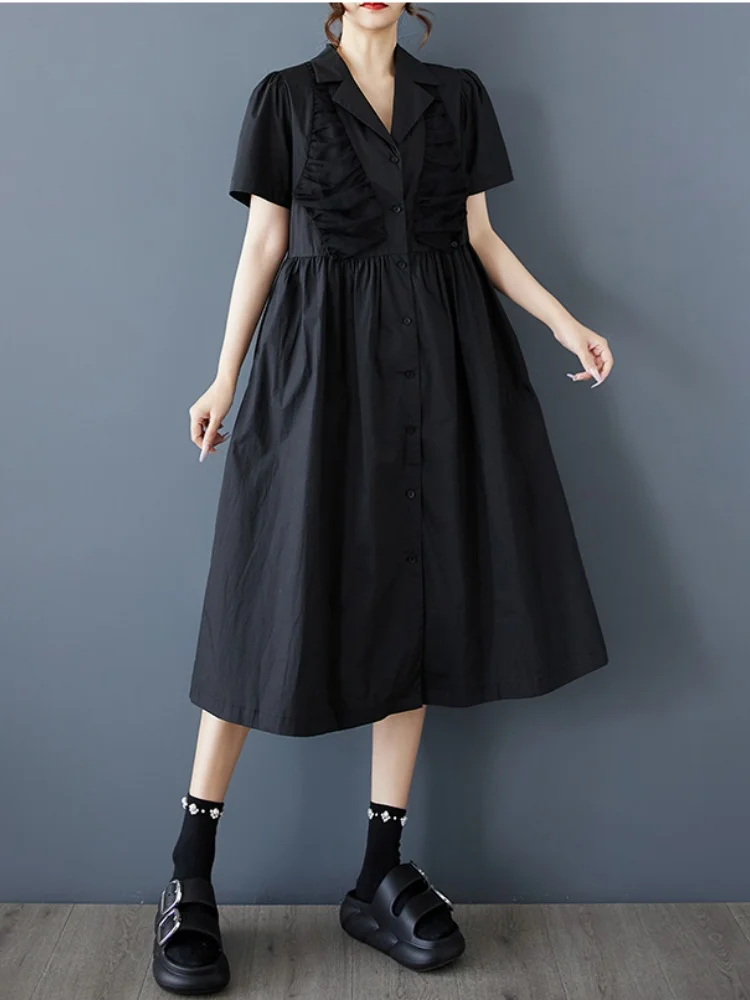 Novo verão solto malha emenda vestido casual feminino simples doce manga curta lapela camisa vestidos